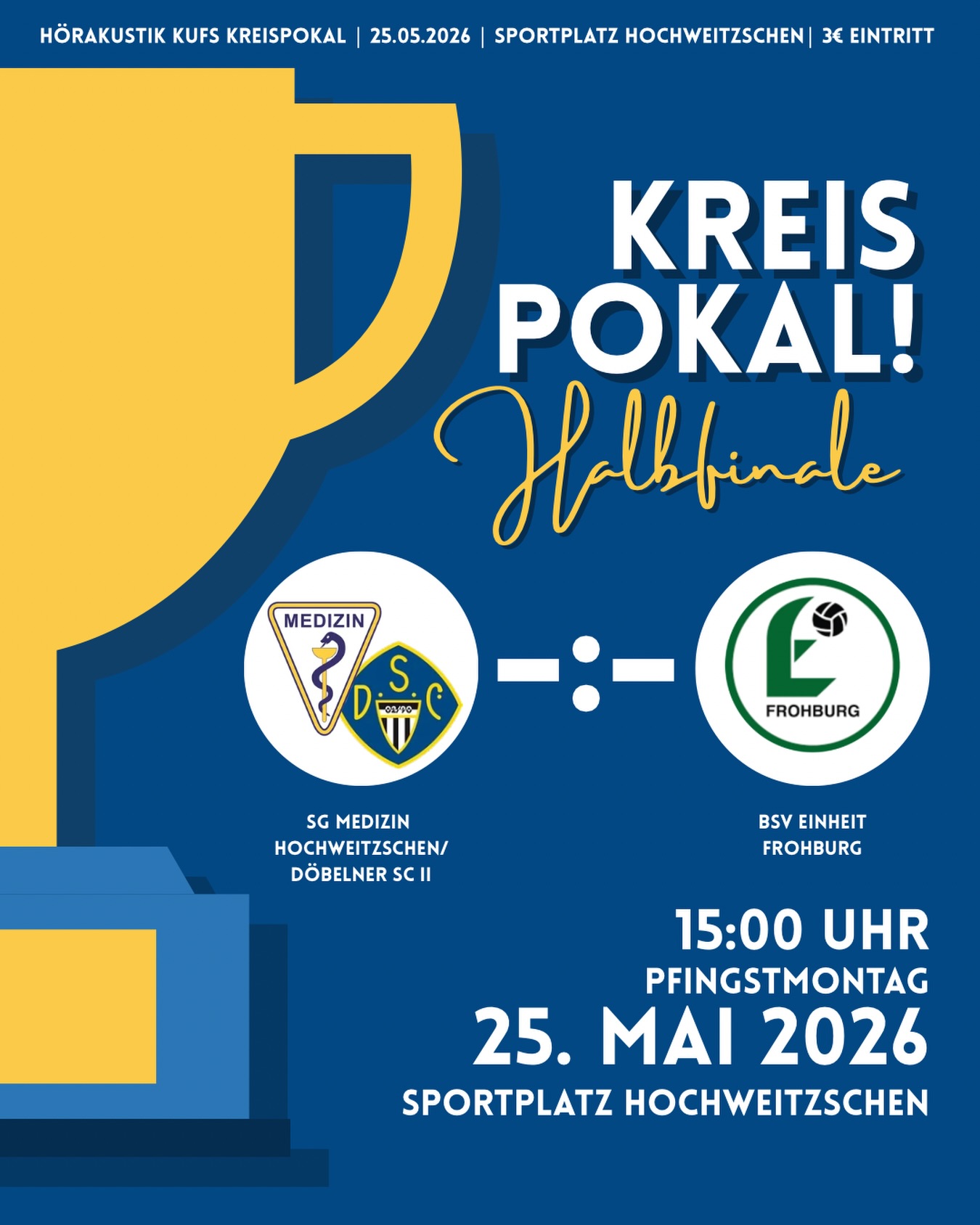 🏆Halbfinale!🏆

Unglaublich, aber wahr: In einer Woche steigt auf dem heiligen Rasen in Hochweitzschen das Halbfinale des Kreispokals! Unsere Spielgemeinschaft trifft am Pfingstmontag auf die Mannschaft des BSV Einheit Frohburg. Die Gäste stehen aktuell an der Spitze der Kreisoberliga und gehen damit natürlich als Favorit in die Partie. Doch verstecken müssen wir uns keinesfalls. Auf unserem Weg ins Halbfinale konnten wir bereits Großbothen, Gnandstein, Zschaitz und die SG Frankenhain/Flößberg hinter uns lassen und genau daran wollen wir anknüpfen. Wir träumen groß und sind bereit, alles reinzuwerfen, um gemeinsam mit euch etwas Besonderes möglich zu machen!❤️‍🔥

Natürlich ist auch neben dem Platz alles vorbereitet: Die Parkplätze wurden nochmal aufgestockt, der Grill wird angeschmissen, die Getränke stehen kalt und selbst das Wetter soll mitspielen. Perfekte Voraussetzungen für ein großartiges Fußballfest! 🏆🔥