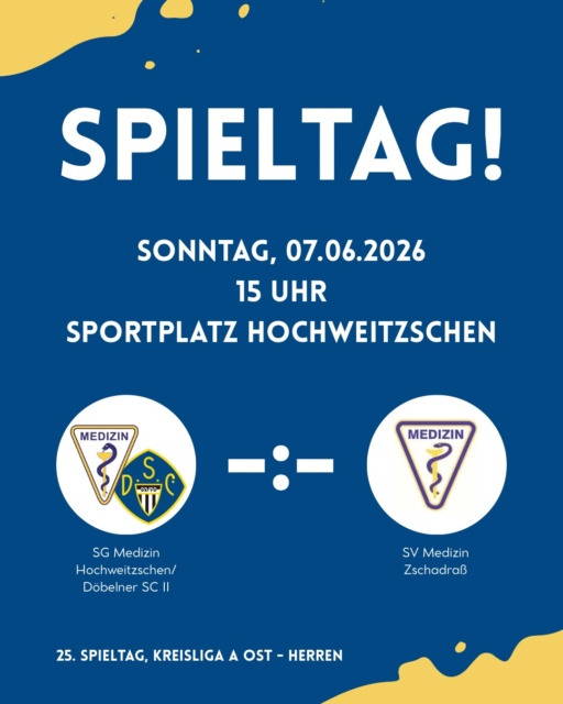 🔥Klinik-Derby & letztes Heimspiel🔥

Langsam aber sicher neigt sich die Saison dem Ende entgegen und für unsere SG steht das letzte Heimspiel der Spielzeit an. Im Klinik-Derby treffen wir auf die Mediziner aus Zschadraß. Unsere Gäste belegen derzeit mit fünf Punkten den letzten Tabellenplatz. Das Hinspiel konnten wir zwar souverän mit 1:5 für uns entscheiden, doch der vergangene Spieltag hat uns einmal mehr gezeigt, dass es in dieser Liga keine Selbstläufer gibt. Deshalb werden wir auch am Sonntag wieder mit voller Konzentration in die Partie gehen. Mit einem Sieg könnten wir uns bereits einen Spieltag vor Saisonende den vierten Tabellenplatz sichern und eine starke Saisonleistung krönen. Und wo ließe sich so ein Erfolg besser feiern als auf heimischem Rasen, gemeinsam mit euch an der Seitenlinie? Also kommt vorbei und unterstützt uns ein letztes Mal zuhause!❤️‍🔥