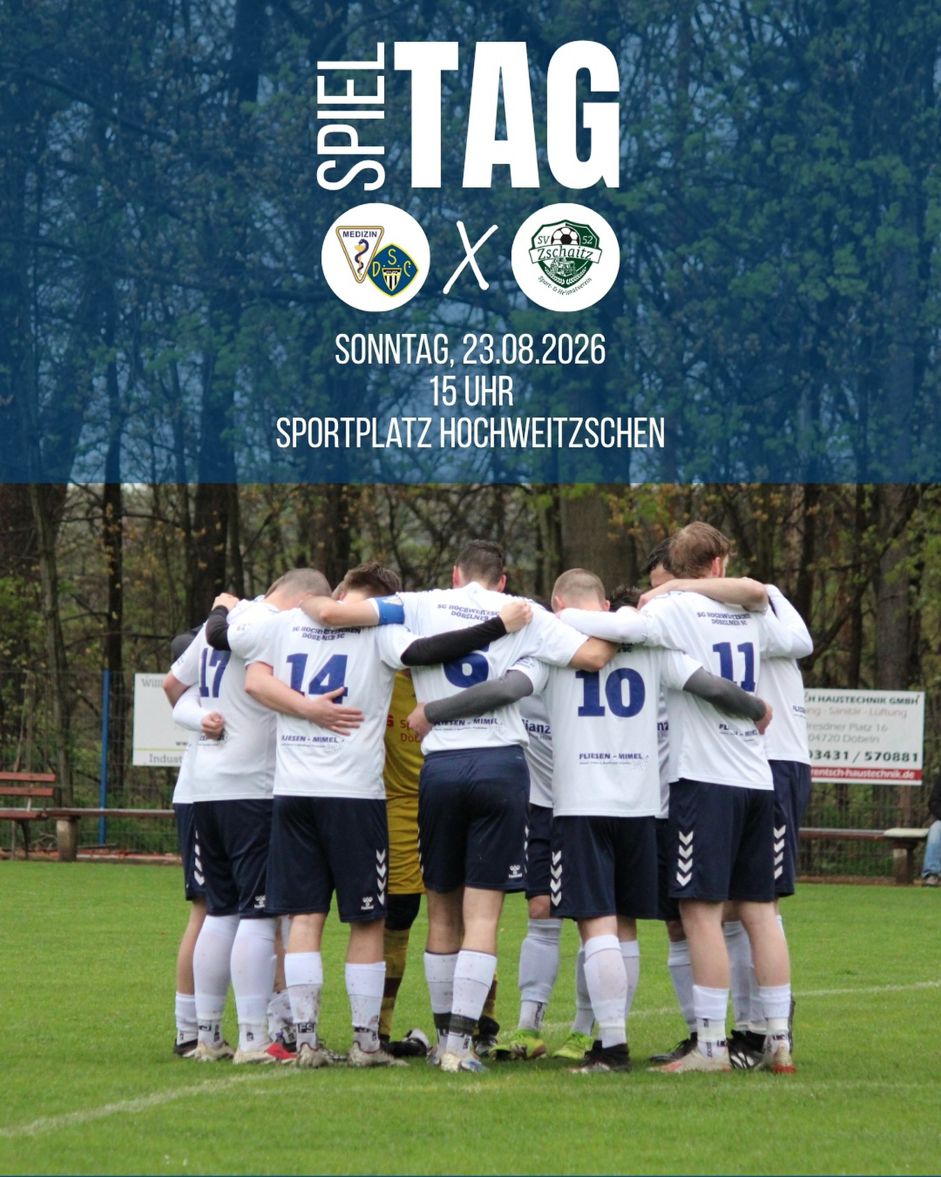 Endlich wieder Kreisliga!❤️‍🔥

Am Sonntag hat das Warten endlich ein Ende, die Saison 2026/27 startet und wir dürfen die neue Spielzeit auf heimischem Rasen eröffnen. Gleich zum Auftakt wartet mit dem SV 52 Zschaitz das Duell, auf das sich unsere Mannschaft laut Saisonprognose am meisten freut. Bereits in der vergangenen Saison lieferten wir uns drei spannende Partien mit den Grün-Weißen, von denen wir zwei für uns entscheiden konnten. An diese Bilanz wollen wir natürlich anknüpfen und direkt zum Saisonstart die ersten wichtigen Punkte in Hochweitzschen behalten.

Also werden wir am Sonntag wieder alles reinwerfen, um gemeinsam mit euch an der Seitenlinie den Grundstein für eine erfolgreiche Saison legen!🔵⚪️⚫️